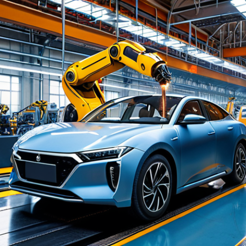 Home 18 **Prompt:** A modern factory floor with robotic arms welding car bodies with sparks flying, controlled by a PLC in the background, showcasing automated production with high precision and speed. Focus on the industrial aesthetic with advanced technology and efficiency.