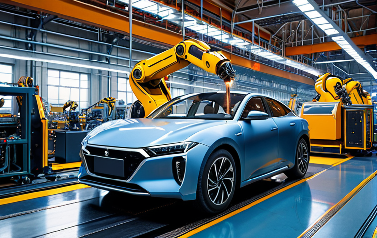 **Prompt:** A modern factory floor with robotic arms welding car bodies with sparks flying, controlled by a PLC in the background, showcasing automated production with high precision and speed. Focus on the industrial aesthetic with advanced technology and efficiency.