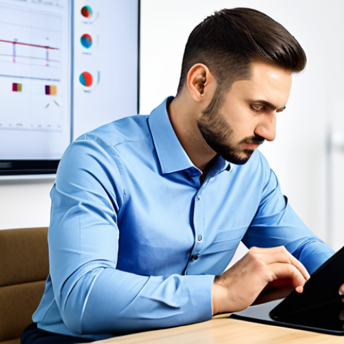 Home 17 A professional male electronics engineer in a modest business casual shirt and trousers, sitting at a sleek desk in a contemporary Moscow office. He is thoughtfully looking at a tablet displaying market data and salary trends for engineers, with a subtle background of professional electronic design tools. The scene emphasizes competence and strategic thinking. Fully clothed, appropriate attire, safe for work, perfect anatomy, natural pose, well-formed hands, proper finger count, natural body proportions, professional photography, high quality.