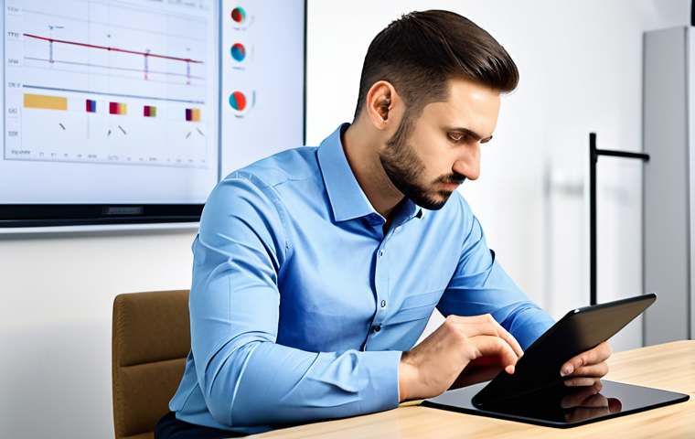 A professional male electronics engineer in a modest business casual shirt and trousers, sitting at a sleek desk in a contemporary Moscow office. He is thoughtfully looking at a tablet displaying market data and salary trends for engineers, with a subtle background of professional electronic design tools. The scene emphasizes competence and strategic thinking. Fully clothed, appropriate attire, safe for work, perfect anatomy, natural pose, well-formed hands, proper finger count, natural body proportions, professional photography, high quality.