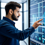 A professional male electronics engineer in a smart, modest business casual outfit, fully clothed, standing in a sophisticated, modern high-tech laboratory. He is interacting with a transparent, interactive holographic display that visualizes complex data flows and IoT network architecture. His pose is natural and engaged, with well-formed hands precisely gesturing towards the display. The background features sleek, state-of-the-art electronic equipment and intricate circuit board details, bathed in soft, cool lighting. The overall image conveys innovation and precision. Safe for work, appropriate content, family-friendly, perfect anatomy, correct proportions, natural body proportions, proper finger count, professional photography, cinematic lighting, ultra-detailed, high quality.