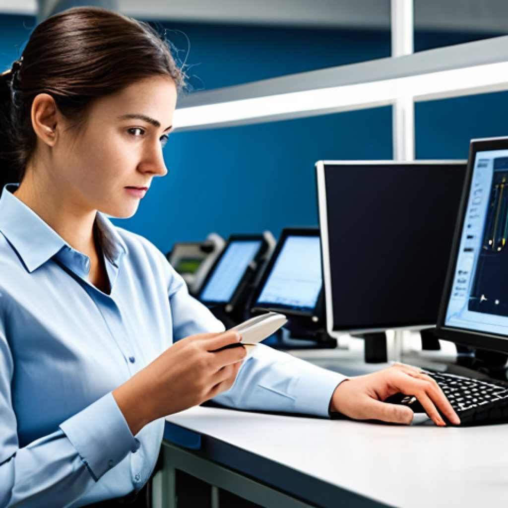 A professional female engineer, fully clothed in modest business casual attire, thoughtfully observing a compact industrial IoT device on a workbench. Her hands are naturally posed near the device. The background is a clean, modern research and development lab with blurred test equipment and circuit boards. Professional photography, high detail, realistic, good lighting, perfect anatomy, correct proportions, natural pose, well-formed hands, proper finger count, natural body proportions, safe for work, appropriate content, professional dress.