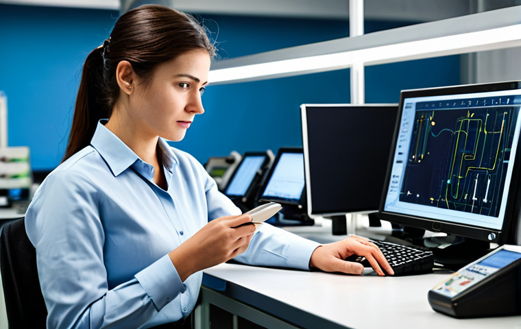 A professional female engineer, fully clothed in modest business casual attire, thoughtfully observing a compact industrial IoT device on a workbench. Her hands are naturally posed near the device. The background is a clean, modern research and development lab with blurred test equipment and circuit boards. Professional photography, high detail, realistic, good lighting, perfect anatomy, correct proportions, natural pose, well-formed hands, proper finger count, natural body proportions, safe for work, appropriate content, professional dress.