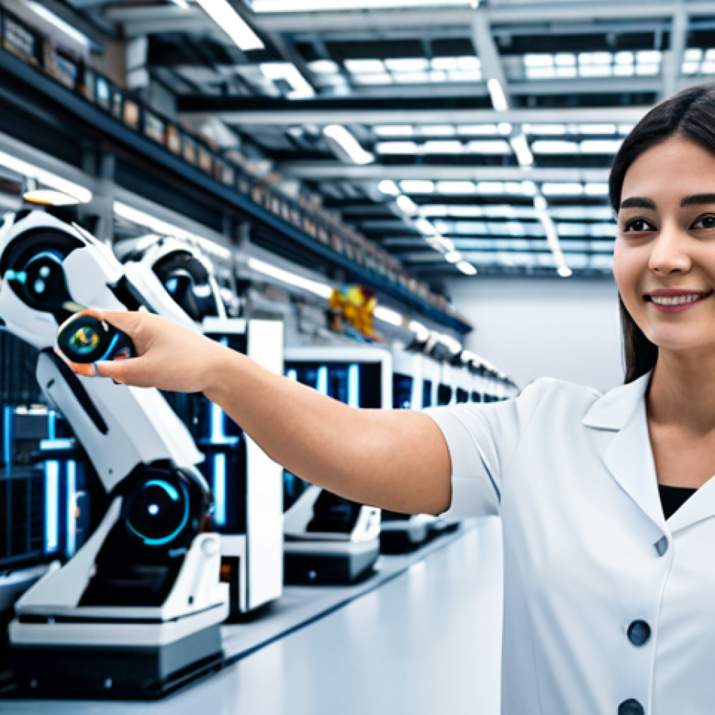 A professional electrical engineer, fully clothed in a modest business casual outfit, standing confidently amidst a futuristic, automated smart factory floor. The scene includes various robotic arms and IoT sensors subtly integrated into the production line, with digital interfaces displaying real-time data. The environment is modern, clean, and well-lit, highlighting precision and technological advancement. Perfect anatomy, correct proportions, natural pose, well-formed hands, proper finger count, natural body proportions. Professional photography, high quality, safe for work, appropriate content, family-friendly, professional dress.