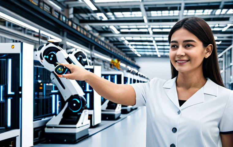 A professional electrical engineer, fully clothed in a modest business casual outfit, standing confidently amidst a futuristic, automated smart factory floor. The scene includes various robotic arms and IoT sensors subtly integrated into the production line, with digital interfaces displaying real-time data. The environment is modern, clean, and well-lit, highlighting precision and technological advancement. Perfect anatomy, correct proportions, natural pose, well-formed hands, proper finger count, natural body proportions. Professional photography, high quality, safe for work, appropriate content, family-friendly, professional dress.