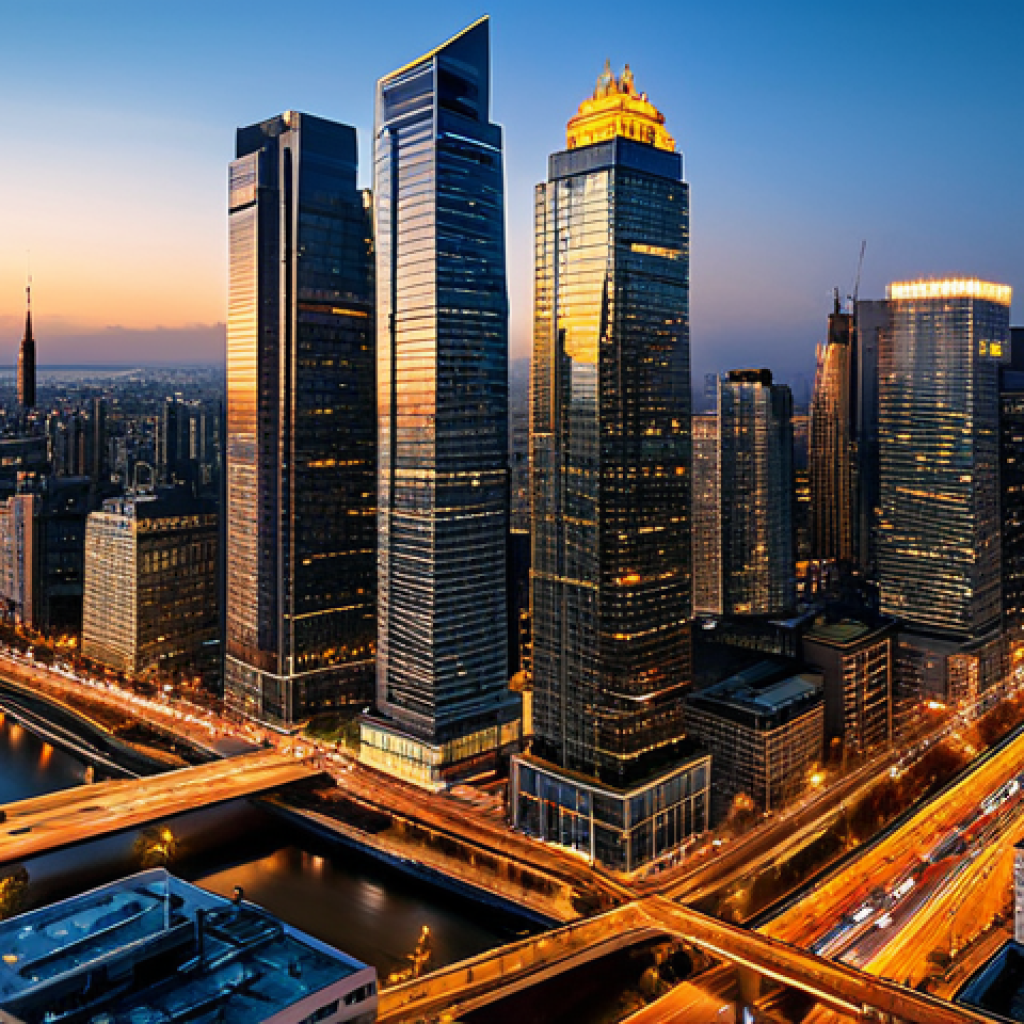 Modern Cityscape at Dusk**
"A panoramic view of a modern city at dusk, filled with towering skyscrapers illuminated with warm lights. Car headlights streak along the avenues. A majestic river reflects the city lights. Safe for work, appropriate content, fully clothed, professional architectural photography, realistic, high detail, perfect anatomy, natural proportions, golden hour lighting."
**