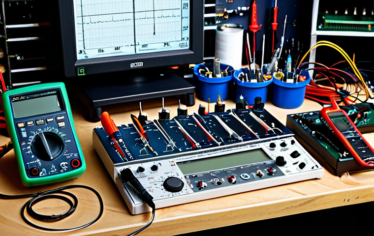 전자기술사 필기 기출문제 분석 사례 - Electronics Workbench**
A well-lit electronics workbench, featuring a multimeter, oscilloscope, sol...