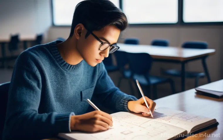 전자기술사 실기시험의 성공 전략 - **Prompt:** A focused young adult, either male or female, sitting at a clean study desk, illuminated...