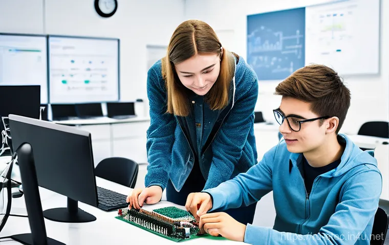 전자기술사와 관련된 자격증 연계 학습 - **A highly skilled young Russian female engineer, aged 28, in a state-of-the-art electronics design ...