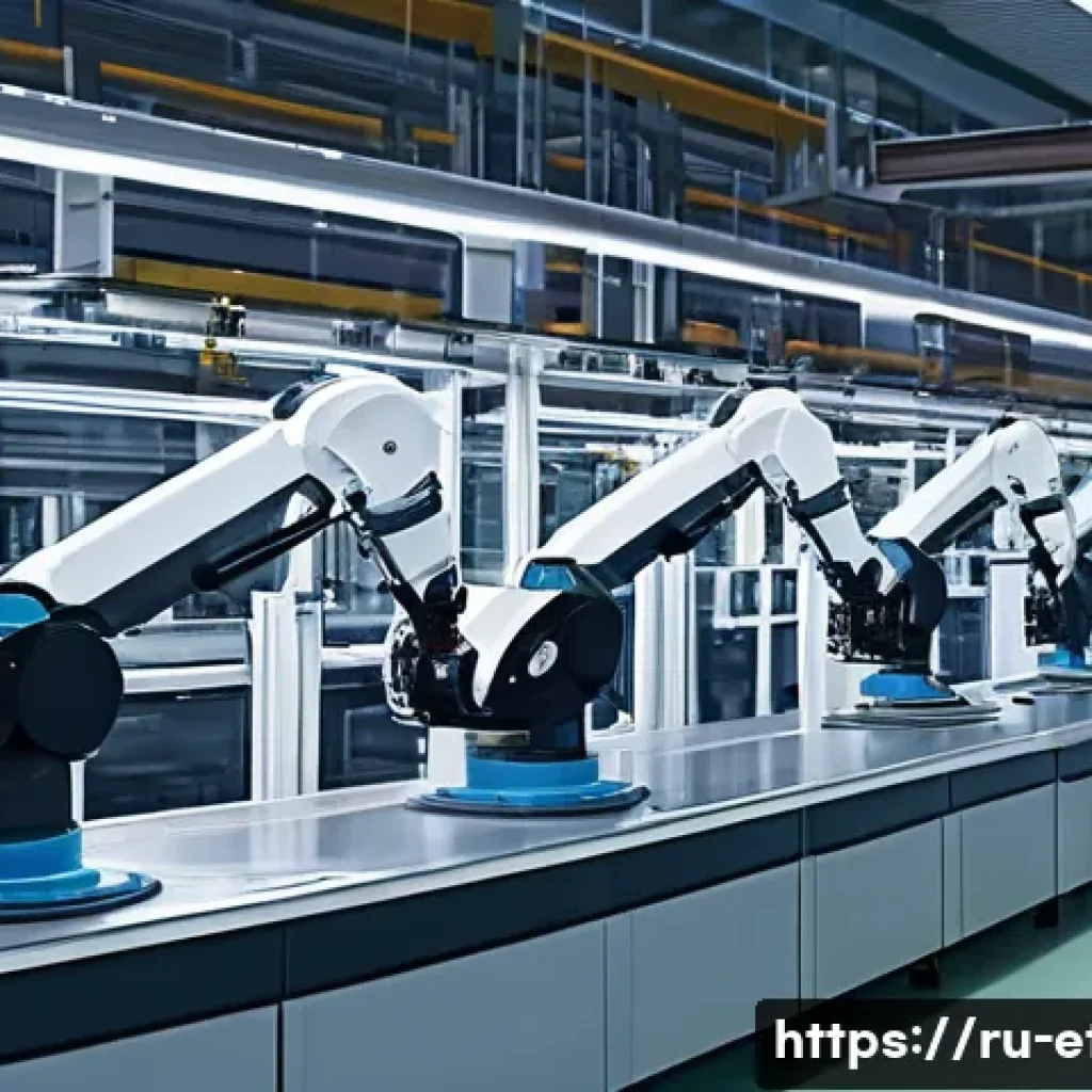 전자기술사와 스마트 팩토리 기술 - A high-tech industrial factory interior showcasing advanced automation systems in action: robotic ar...