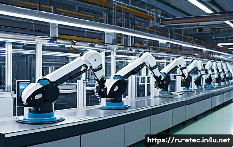 전자기술사와 스마트 팩토리 기술 - A high-tech industrial factory interior showcasing advanced automation systems in action: robotic ar...