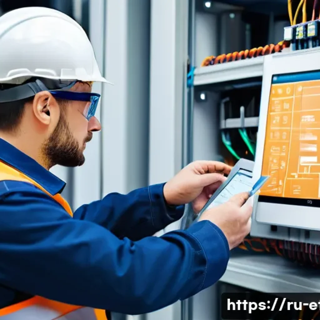 전자기술사와 관련된 직무 요구 사항 분석 - A skilled electrician in a modern industrial setting, wearing protective workwear including insulate...