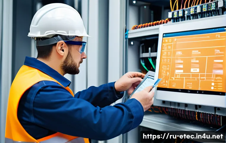 전자기술사와 관련된 직무 요구 사항 분석 - A skilled electrician in a modern industrial setting, wearing protective workwear including insulate...