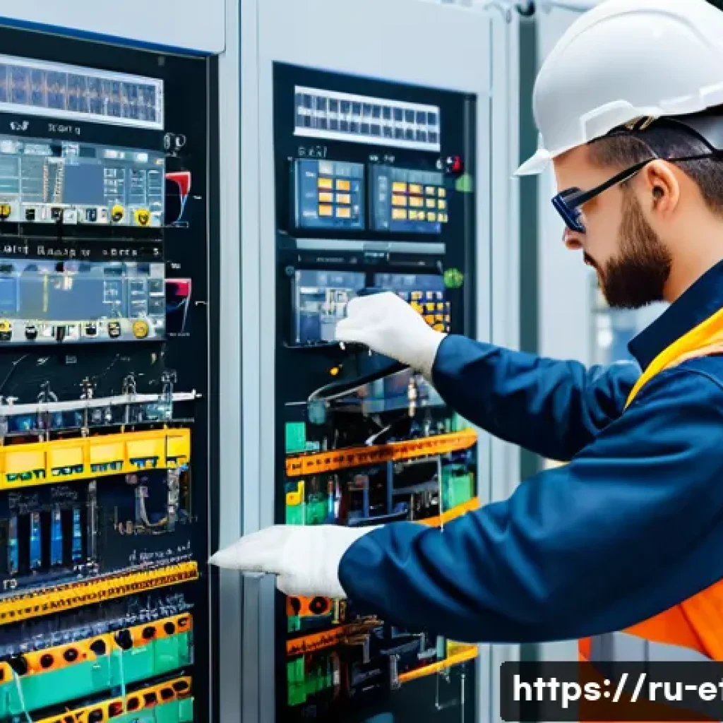 전자기술사와 직무 중심 자격증 활용 사례 - A professional electrician in modern industrial automation setting, wearing protective workwear and ...