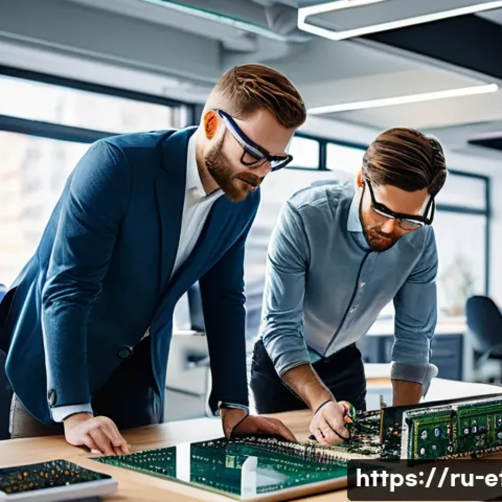 전자기술사로서 창업 성공 사례 - A modern startup office scene showcasing engineers collaborating on hybrid electronic devices combin...