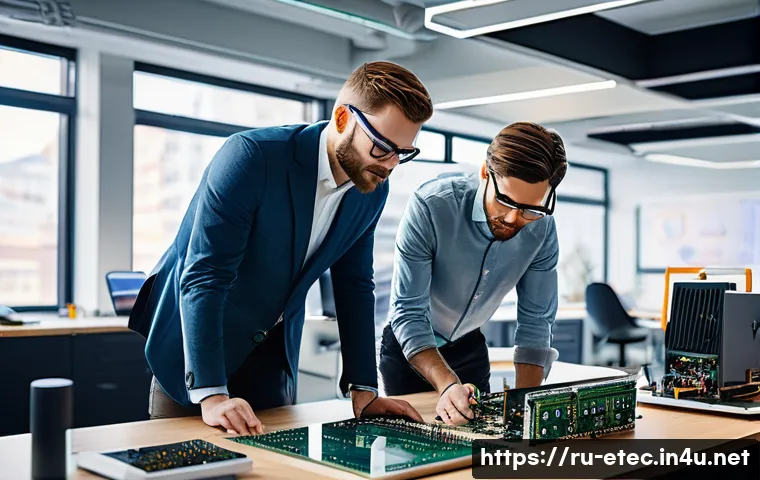 전자기술사로서 창업 성공 사례 - A modern startup office scene showcasing engineers collaborating on hybrid electronic devices combin...