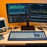 Home 22 전자기술사와 관련된 실무 툴 활용법 - A modern electronics engineer’s workspace featuring a high-tech CAD system on a large widescreen mon...