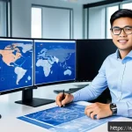 Home 21 전자기술사와 관련된 해외 기술 인증 - A professional electronics engineer sitting at a modern desk in a bright office, surrounded by multi...