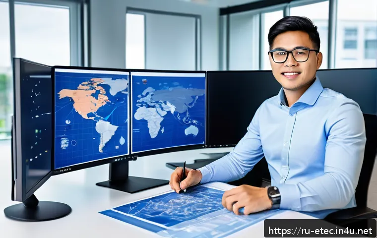 전자기술사와 관련된 해외 기술 인증 - A professional electronics engineer sitting at a modern desk in a bright office, surrounded by multi...