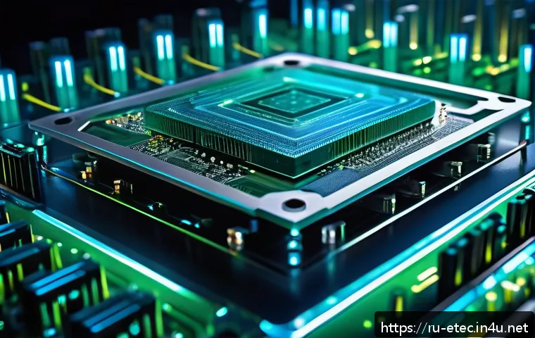 전자기술사와 최신 IT 기술의 접목 - A highly detailed close-up of a futuristic 3D microchip architecture showcasing multilayered silicon...