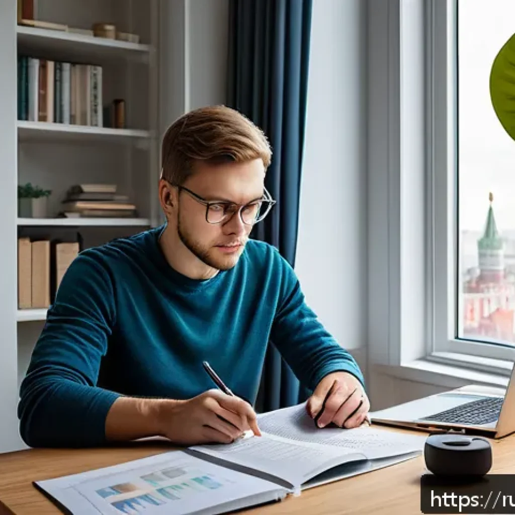 전자기술사 자격증 취득을 위한 시간 관리 - A focused Russian electrical engineer studying at a minimalist, tidy desk in a well-lit home office,...