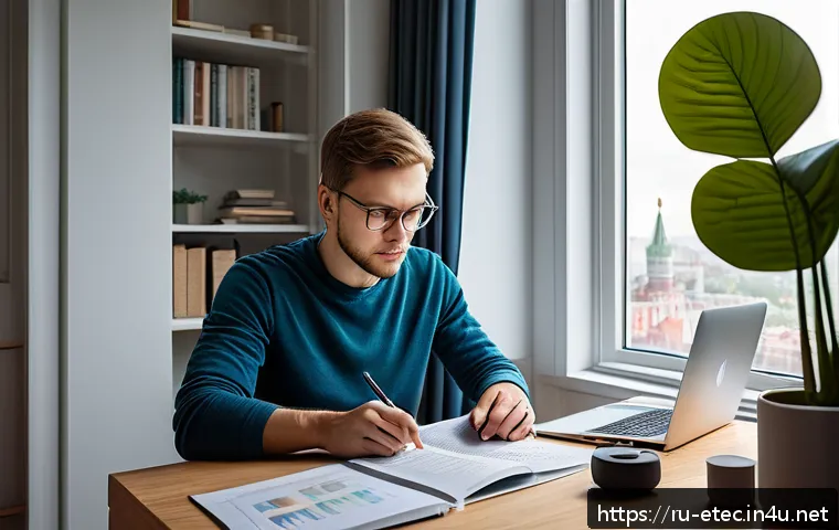 전자기술사 자격증 취득을 위한 시간 관리 - A focused Russian electrical engineer studying at a minimalist, tidy desk in a well-lit home office,...