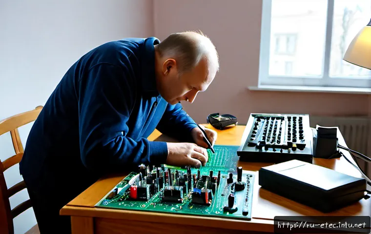 Home 17 전자기술사 취득 과정 상세 가이드 - Photorealistic Russian electronics engineering certification preparation scene, middle-aged engineer...