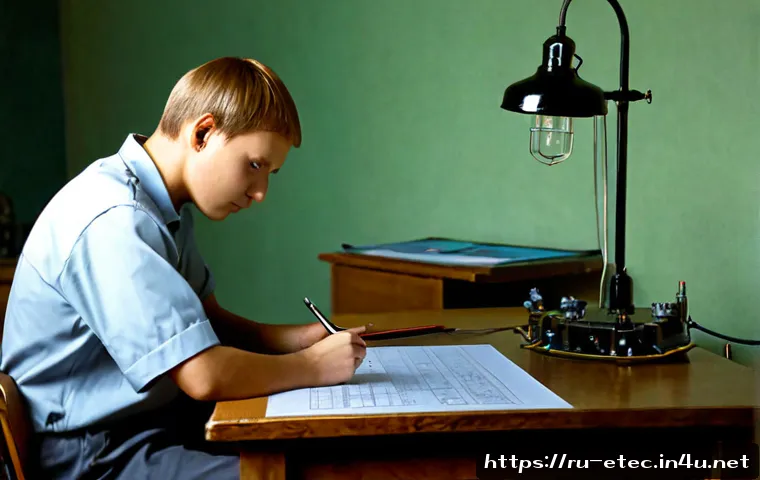 전자기술사 필기시험에서 가장 어려운 문제 - Photorealistic Russian electronics engineer in a quiet examination room, seated at a wooden desk wit...
